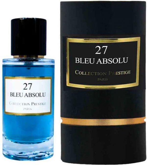 Dieses Bild zeigt das Parfüm der Marke Collection Prestige Nr. 27 Bleu Absolu, frei stehend, daneben die Verpackung